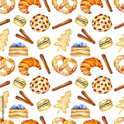 Watercolor yummy seamless pattern. Pattern with biscuit, croissant, bretzel, macaron, pancakes, cinnamon. Perfect for you postcard design,invitations,projects,wedding card,poster,packaging.