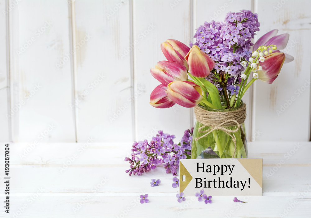 Happy Birthday Greeting Card with Spring Bouquet of Lilac and Tulips