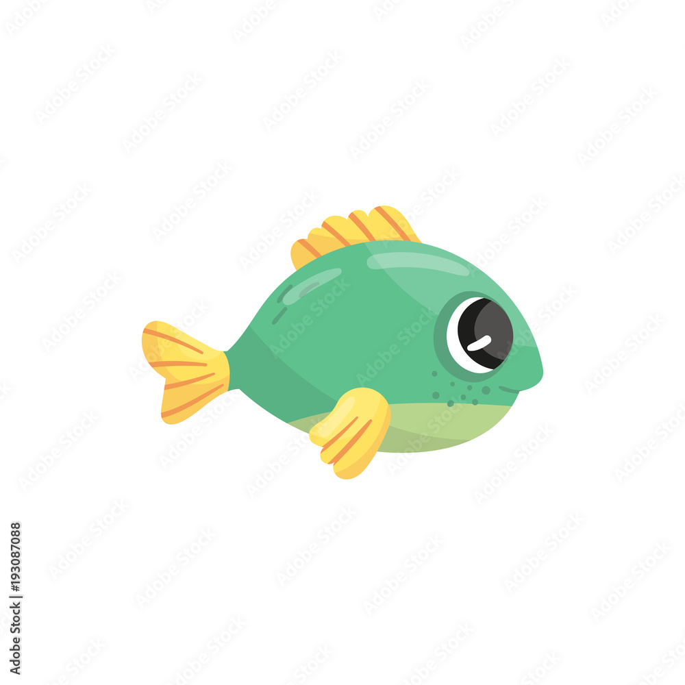 Small green marine fish with yellow fins and shiny eyes. Adorable sea  creature. Cartoon aquatic animal. Underwater wildlife. Colorful flat vector  design Stock Vector | Adobe Stock