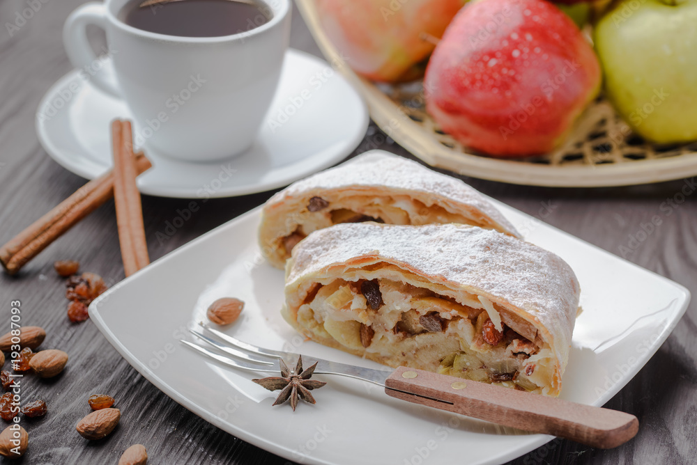 German strudel with apples,strudel with almonds and apples and raisins,home-made strudel,homemade baking,traditional strudel German strudel with apples,strudel with almonds and apples and raisins,home-made strudel,homemade baking,traditional strudel