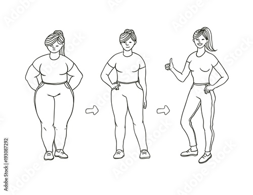 Vector black and white sketch illustration of how fat girl loses weight. Young woman becomes slimmer arrows show progress. Satisfaction with the result. Contour painted picture on a white background.