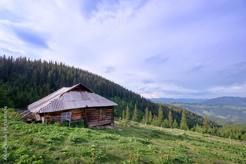 Beautiful mountains landscape with green meadow and wooden house. Carpathians, Ukraine.