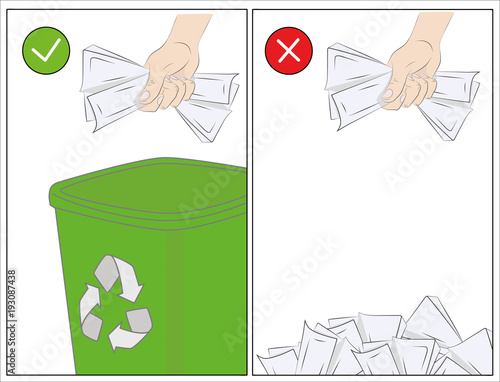a person throws garbage into the trash can and past. concept of purity. vector illustration.