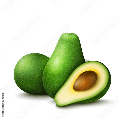 Vector realistic fresh fruit avocado isolated on white background. Whole and cut in half avocado with pit