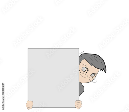 Businessman holding an empty sheet of paper in front of him. Representation of business. Vector illustration