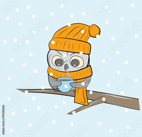 an owl with a cup of tea sits on a branch. snowy winter. vector illustration.