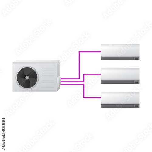 Modern air conditioning system vector illustration. One outdoor and three indoor unit. The concept of energy efficiency.