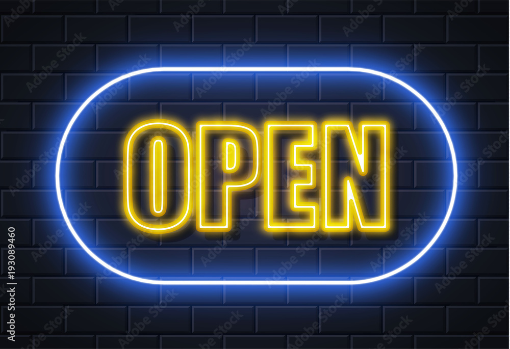 Vector neon open sign brick wall Vector neon open sign brick wall