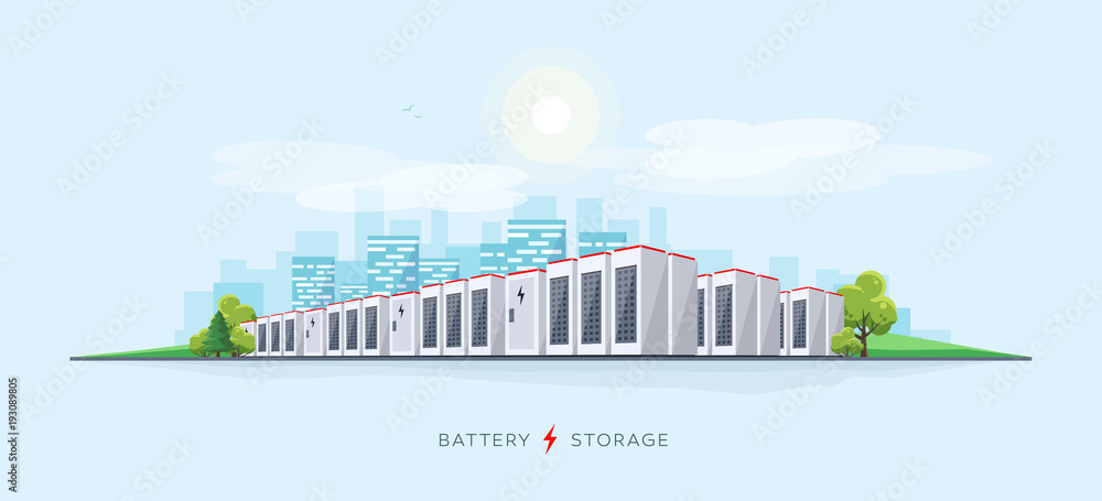 Vector illustration of large rechargeable lithium-ion battery energy storage stationary for renewable electric power stations. Backup power energy storage cloud server system.