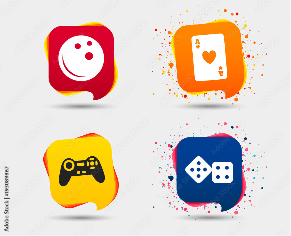 Bowling and Casino icons. Video game joystick and playing card with dice symbols. Entertainment signs. Speech bubbles or chat symbols. Colored elements. Vector