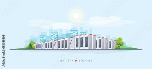Vector illustration of large rechargeable lithium-ion battery energy storage stationary for renewable electric power stations. Backup power energy storage cloud server system.