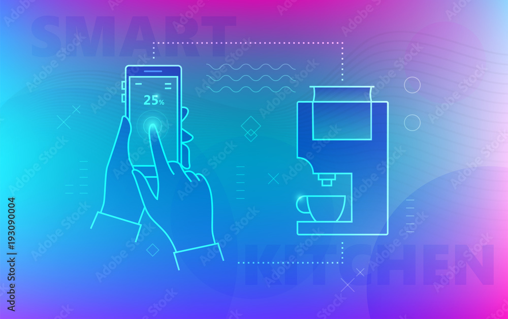 Hand using smartphone for smart coffee maker Hand using smartphone for smart coffee maker