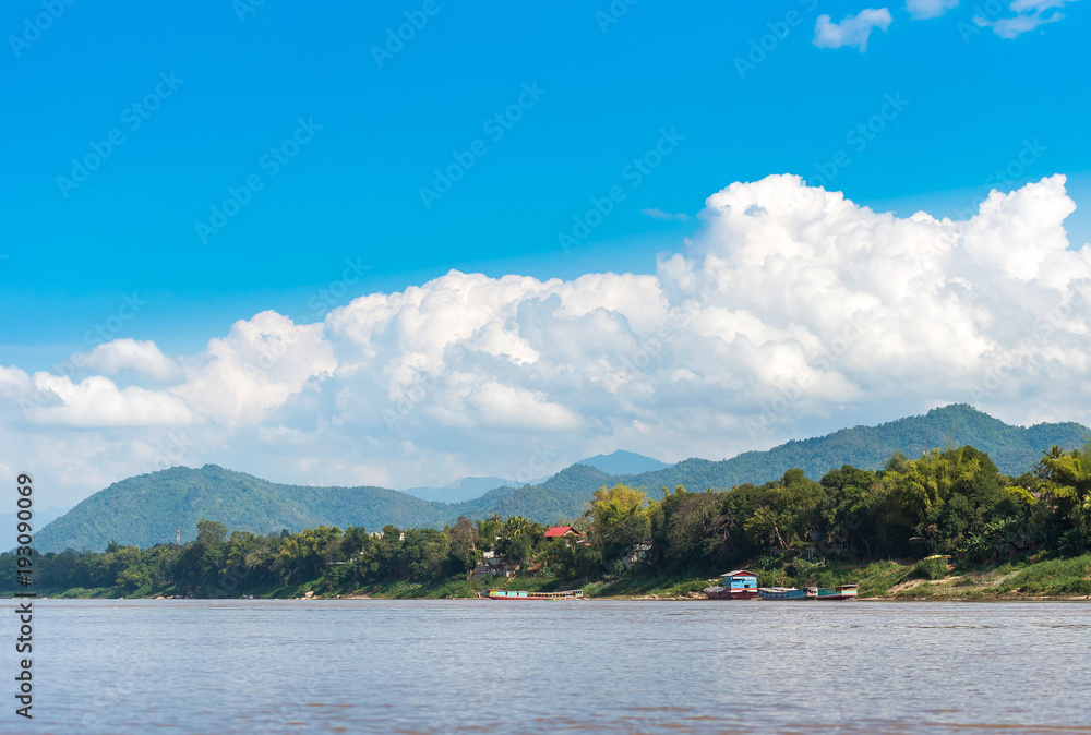View of the landscape of the river Nam Khan, Luang Prabang, Laos. Copy space for text.
