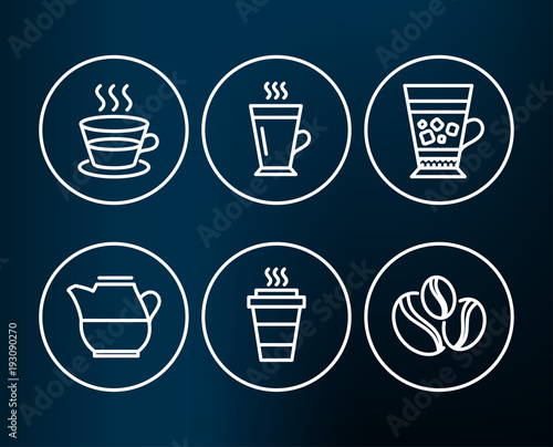 Set of Latte, Coffee cup and Frappe icons. Takeaway, Milk jug and Coffee-berry beans signs. Tea glass mug, Tea mug, Cold drink. Takeout coffee, Fresh drink.  Editable stroke. Vector