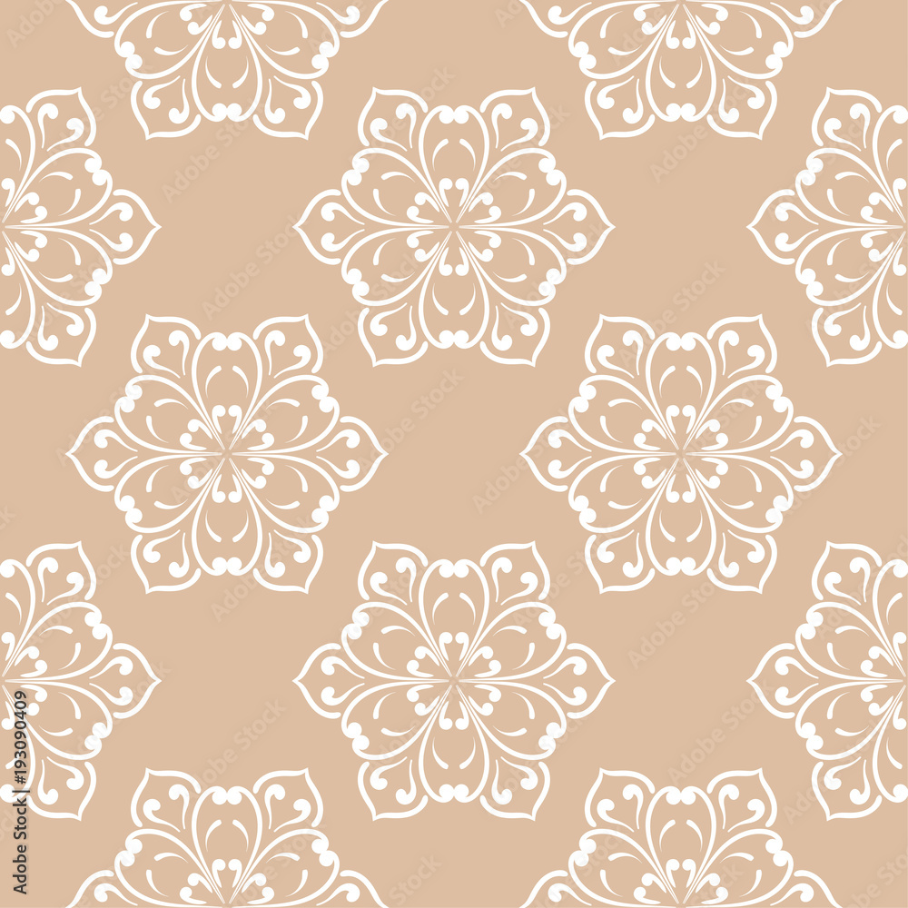 White floral ornament on beige background. Seamless pattern White floral ornament on beige background. Seamless pattern