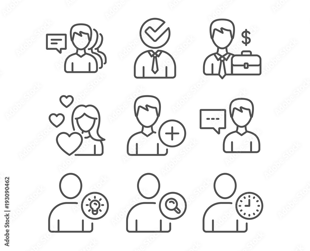 Set of Love, Businessman case and Find user icons. Person talk, User idea and Add person signs. Vacancy, People and Time management symbols. Woman in love, Human resources, Communication message Set of Love, Businessman case and Find user icons. Person talk, User idea and Add person signs. Vacancy, People and Time management symbols. Woman in love, Human resources, Communication message