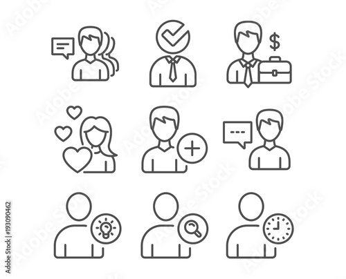 Set of Love, Businessman case and Find user icons. Person talk, User idea and Add person signs. Vacancy, People and Time management symbols. Woman in love, Human resources, Communication message
