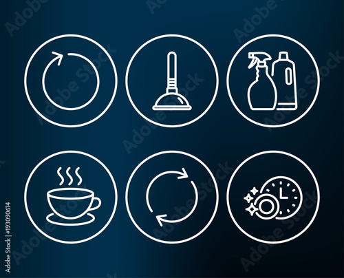 Set of Shampoo and spray, Plunger and Full rotation icons. Loop, Cappuccino and Dishwasher timer signs. Washing liquids, Clogged pipes cleaner, Refresh or reload. Vector