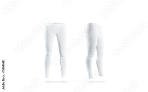 Blank white leggings mockup, front and side view, isolated. Clear leggins mock up template. Cloth pants design presentation. Sport pantaloons stretch tights model wearing.