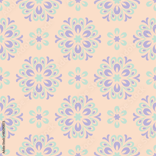 Beige floral background. Seamless pattern with violet and blue elements 