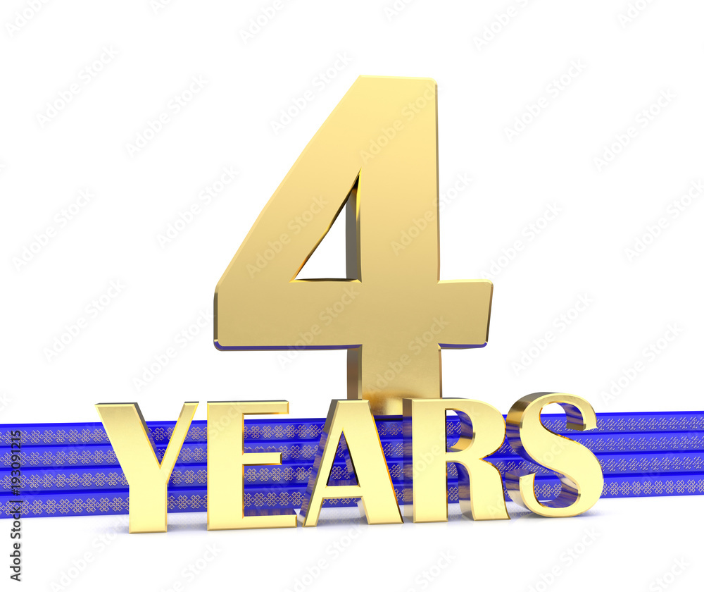 Golden number four and the inscription years on the blue stairs with golden symbols endless knot. 3D illustration Golden number four and the inscription years on the blue stairs with golden symbols endless knot. 3D illustration