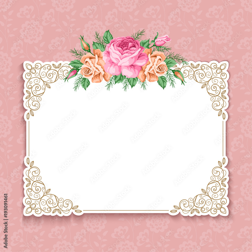 Invitation or greeting card template with roses in retro style. Vector Illustration