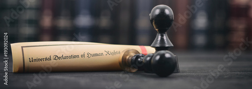 Foto Notary seals, Universal declaration of human rights on a wooden background, human rights concept