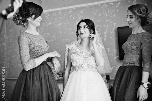 Beautiful bride posing with bridesmaids in her room on a wedding day. Black and white photo.