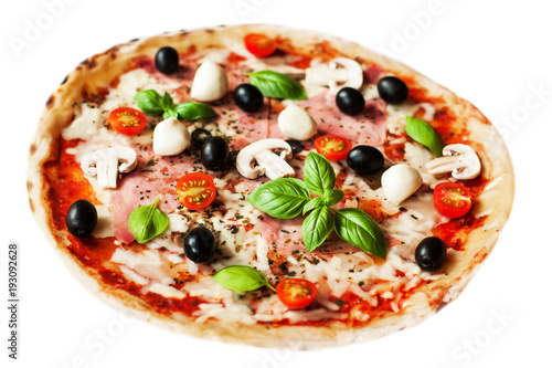 Delicious italian Pizza with ham, pepper and olives isolated on white background.