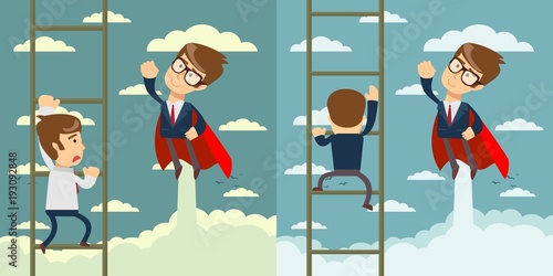 Businessman superhero fly pass businessman climbing the ladder.Business competition concept. Set. Vector illustration.