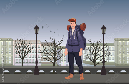 Happy young man on evening walk in the old European city. A tourist with backpack. Vector Illustration.