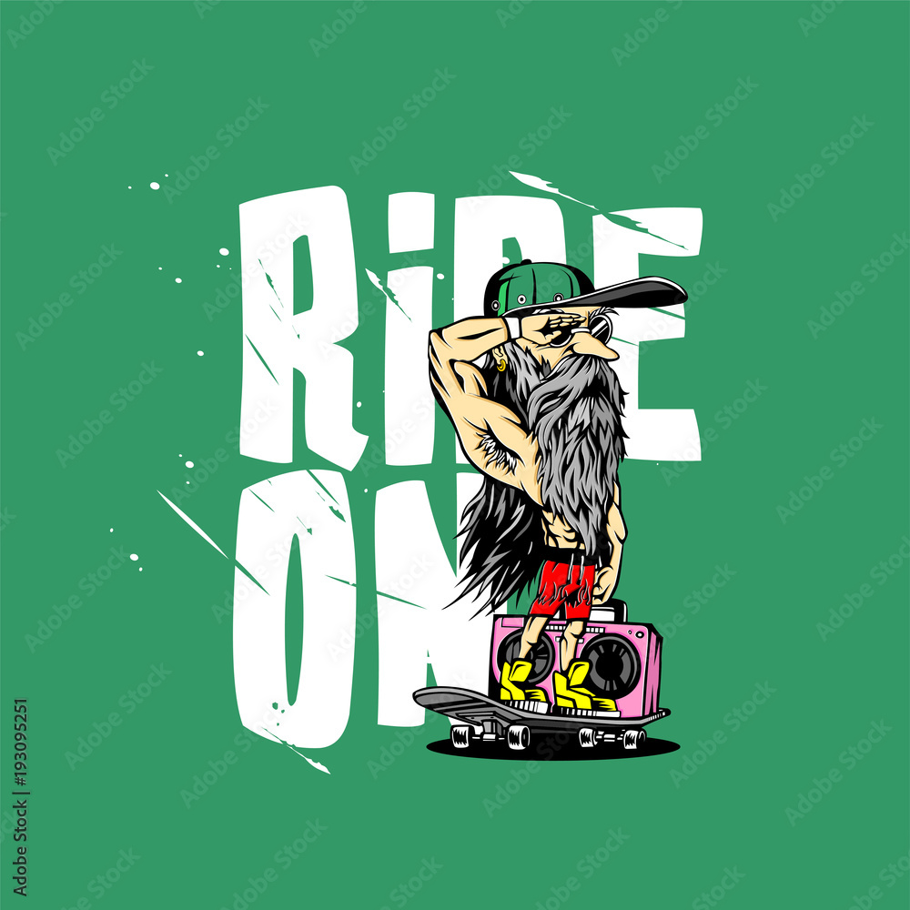 Happy old man with skateboard walking and holding old boombox vector illustration.