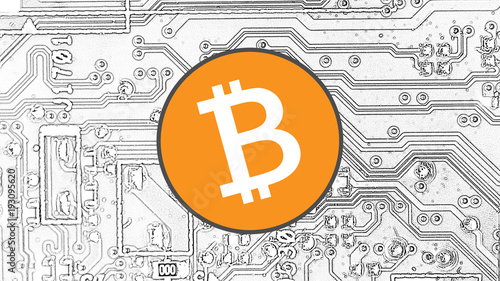 Bitcoin Logo und Computerplatine, Vektor
