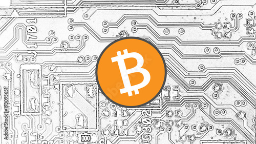 Bitcoin Logo und Computerplatine, Vektor