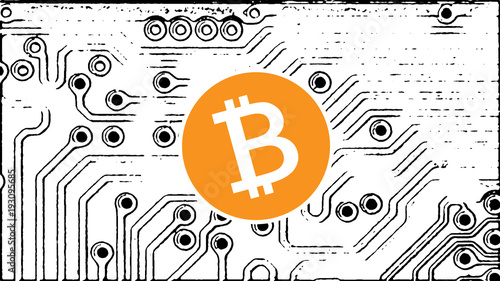 Bitcoin Logo und Computerplatine, Vektor