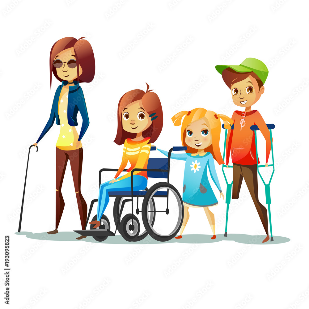 Handicapped children with disabilities vector illustration. Disabled girl  in wheelchair and blind woman in black glasses and kid boy without leg on  crutch for people disability concept design Stock Vector | Adobe