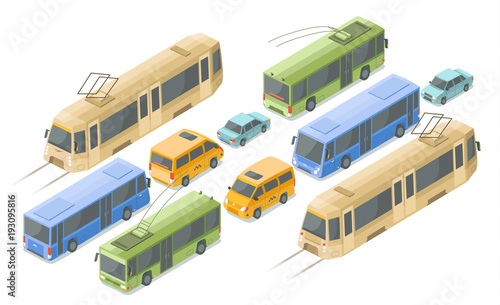 Isometric public passenger transport vector illustration. Flat isolated isometric icons of modern urban bus or trolleybus and tram, private car or city taxi minivan coach in traffic or parking