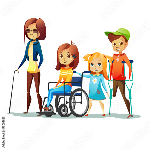 Handicapped children with disabilities vector illustration. Disabled girl in wheelchair and blind woman in black glasses and kid boy without leg on crutch for people disability concept design