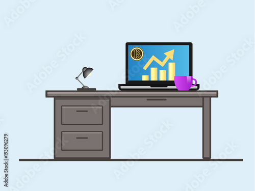 Bitcoin. Laptop with growth diagram on screen. Cryptocurrency and digitally concept. Bitcoin growing value concept. Isolated vector illustration