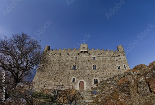 Ussel fraction of Chatillon, Valle d'Aosta, Italy 11 February 2018. Large format photo of the castle facade, entrance side. photo