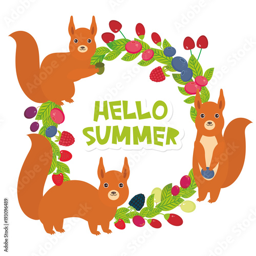 Hello Summer Round wreath with red squirrels Cherry Strawberry Raspberry Blackberry Blueberry Cranberry Cowberry Goji Grape Fresh juicy berries on white background. Vector