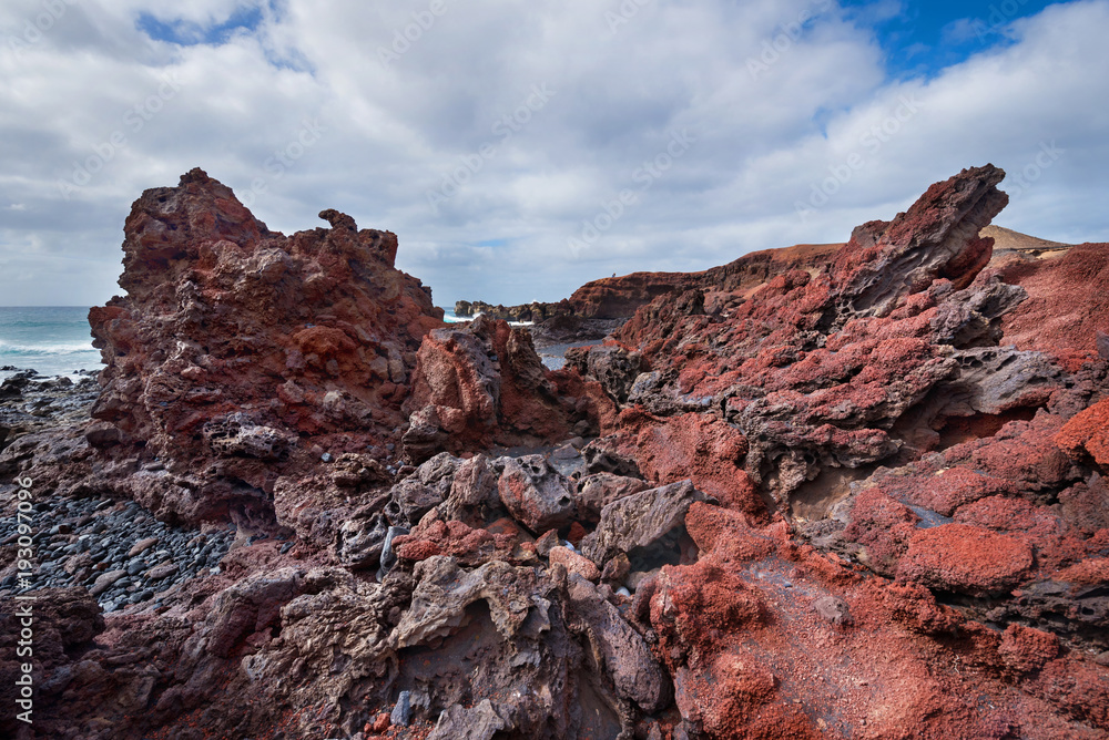 Volcanic coastline landscape in Lanzarote, Canary islands, Spain.