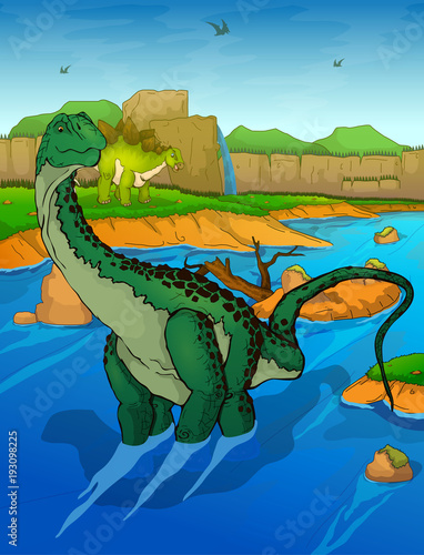 Diplodocus on the river background