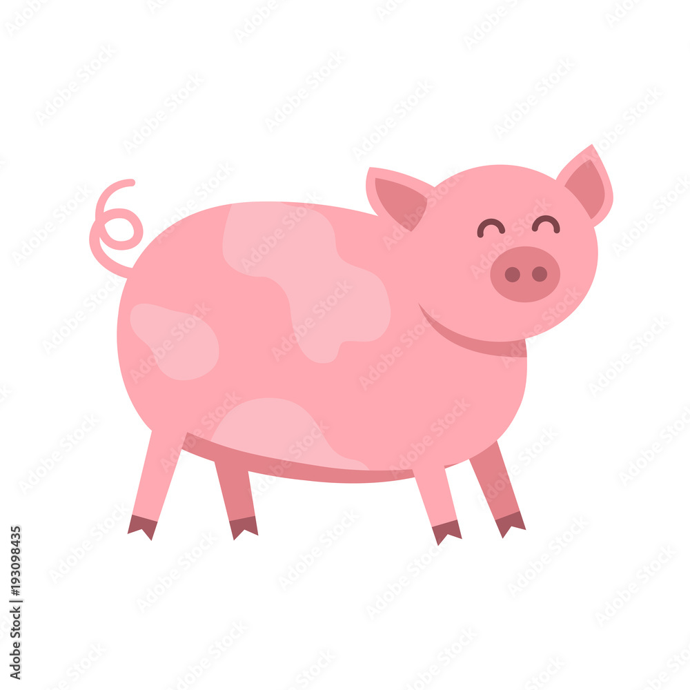 Fototapeta premium Funny pig vector flat illustration isolated on white background. Cute farm animal piggy icon cartoon character.