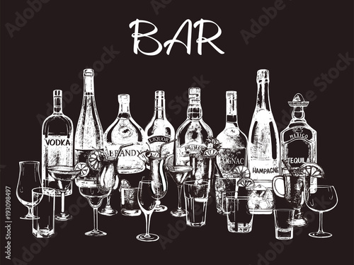 Set of hand drawn sketch style alcoholic drinks, bottles and glasses. Isolated objects. Vector illustration.