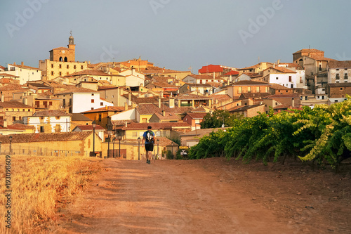 Pilgrim in the Way of St. James, Camino de Santiago to Compostela, arrival at Cirauqui in Navarre, Spain photo