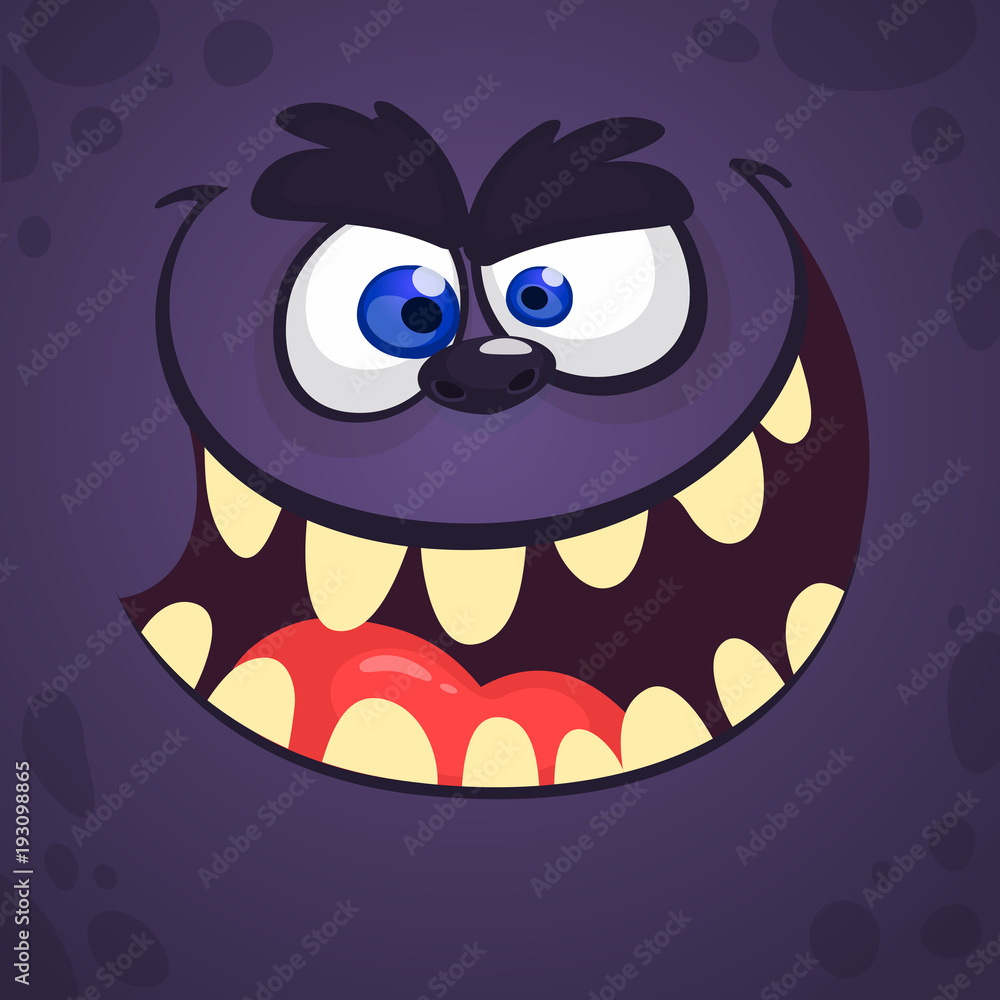Cool Cartoon Scary Black Monster Face. Vector Halloween illustration. Design for print, children book,  party decoration or square avatar