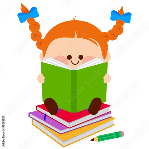 A happy child sitting on a stack of books and reading. Vector illustration