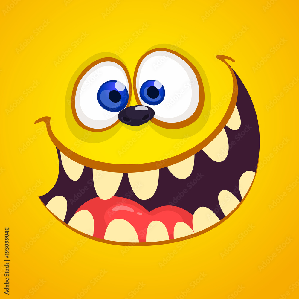 Excited cartoon monster face avatar. Vector Halloween orange monster with big mouth full of teeth. 