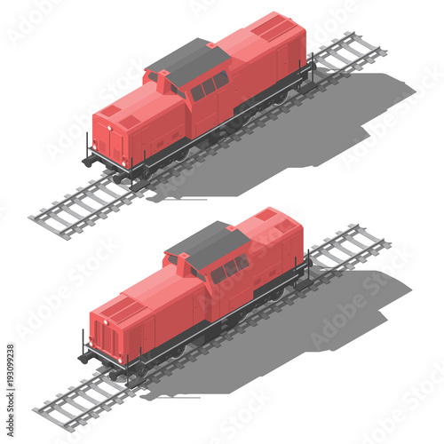 Shunting diesel locomotive isometric low poly icon set